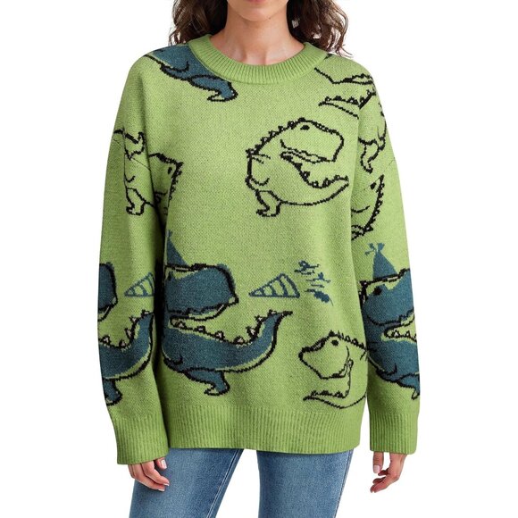 Women Dinosaur Graphic Pullover Sweater Oversized Casual Knit Size Large - Picture 2 of 7